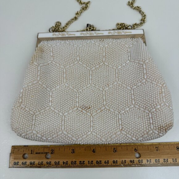 Vtg Small Beaded Purse Handbag Small Ivory Cream Gold Chain Hexagon Pattern READ - Picture 6 of 10